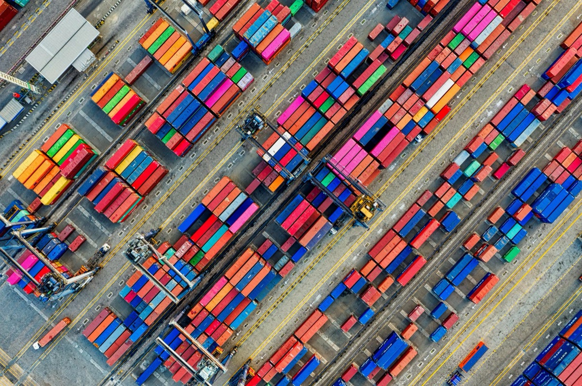 Shipping containers arranged across a sea terminal